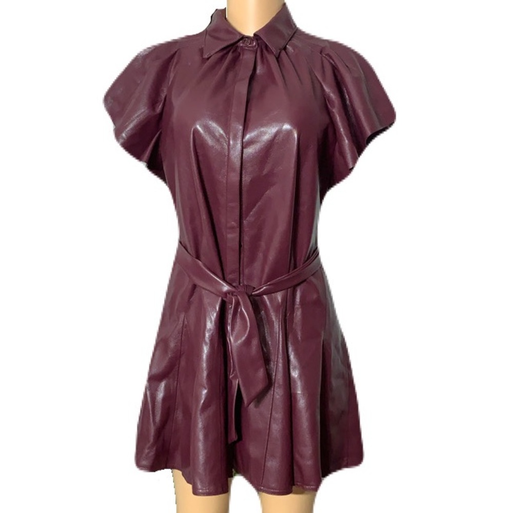 Elan Maroon Faux Leather Dress with Tie - Picture 3 of 9